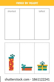 Ordenar los regalos de Navidad por altura. Juego educativo lógico para niños.