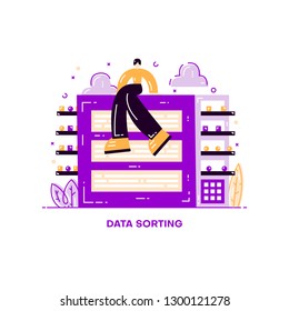 Sort data. Male sorter. Creative concept. Website banner. Flat illustration