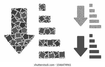 Sort down arrow mosaic of raggy elements in various sizes and color hues, based on sort down arrow icon. Vector raggy elements are composed into collage.