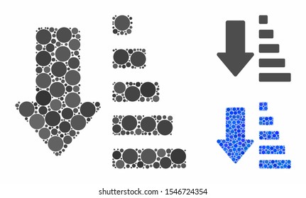 Sort down arrow mosaic of small circles in various sizes and color tones, based on sort down arrow icon. Vector small circles are grouped into blue collage.