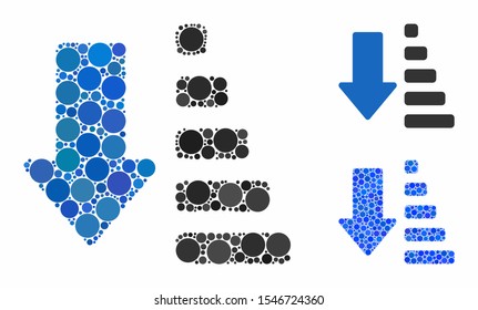 Sort down composition of circle elements in different sizes and shades, based on sort down icon. Vector round elements are composed into blue mosaic. Dotted sort down icon in usual and blue versions.