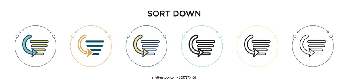 Sort down icon in filled, thin line, outline and stroke style. Vector illustration of two colored and black sort down vector icons designs can be used for mobile, ui, web