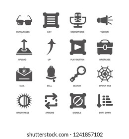 Sort down, Up, Sunglasses, List, Spider web, Search, Bell, Disable icon 16 set EPS 10 vector format. Icons optimized for both large and small resolutions.