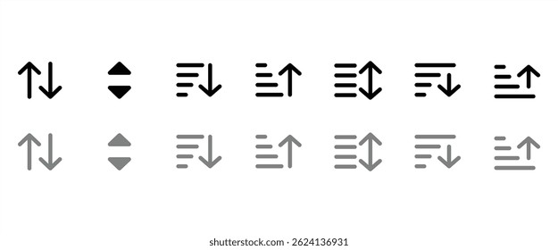 Sort and filter vector flat icon set with directional arrows and list lines. Toolbar icon. Ribbon tool line icon set. Ideal for UI UX design in transparent background. Editable stroke. Eps10