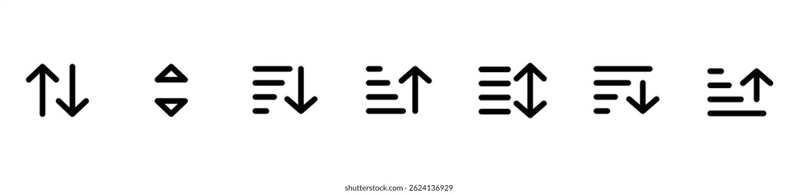 Sort and filter vector icon set with directional arrows and list lines. Toolbar icon. Ribbon tool line icon set. Ideal for UI UX design in transparent background. Editable stroke. Eps10