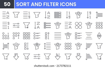 Sort and Filter vector line icon set. Contains linear outline icons like Process, Data, Refine, Alphabet, Structure, List, Descending, Ascending, Funnel. Editable use and stroke for web.