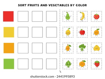 Sort fruits and vegetables by color. Learning basic colors for children. Game for kids. Cut and glue.