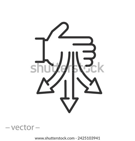 sort the garbage icon, waste recycling process, hand with three direction arrows, thin line symbol on white background - editable stroke vector illustration