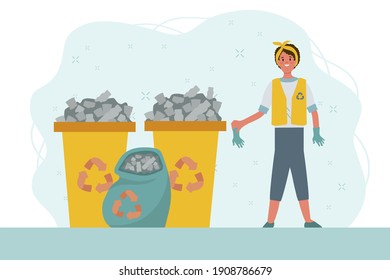 Sort garbage people. Waste recycling, sorting and garbage collection. Ecology, cleaning the earth from glass, metal, paper and plastic. Recycling of waste. Vector illustration