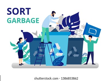 Sort garbage. Take care of the planet, taking care of the house. People throw garbage in tanks for recyclables. Vector flat illustration in flat style. Ecology concept.