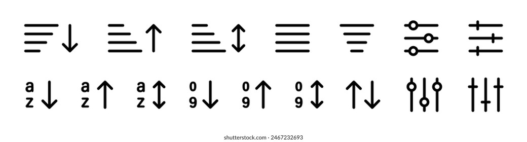 Sort icon set. Sort, order, filter vector icons collection. Sorting, alphabet icons. Vector