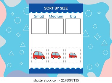 Sort images by size. Educational Worksheet For Kids.