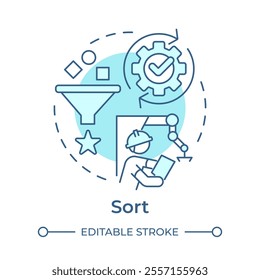 Sort light blue concept icon. 5S methodology. Organizing and eliminating unnecessary items in workspace. Round shape line illustration. Abstract idea. Graphic design. Easy to use in article