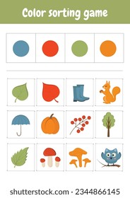 Sort and match objects based on colors. Color sorting logical game. Connect objects to their color groups. Education logic game for children, preschool, kindergarten homeschooling. Autumn objects.