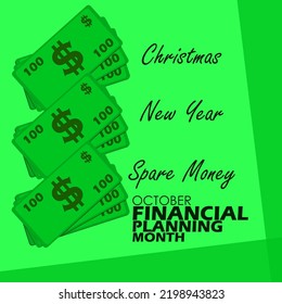 Una especie de dinero con el plan de usarlo y el texto en negrita sobre fondo verde para conmemorar el Mes de Planificación Financiera en octubre