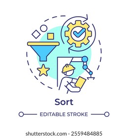 Sort multi color concept icon. 5S methodology. Organizing and eliminating unnecessary items in workspace. Round shape line illustration. Abstract idea. Graphic design. Easy to use in article