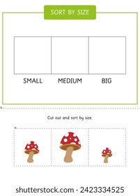 Sort the mushrooms by size worksheet for preschool and kindergarten kids. Educational game. Cut and glue fall activity. Scissor skills. Fine motor skills for children	