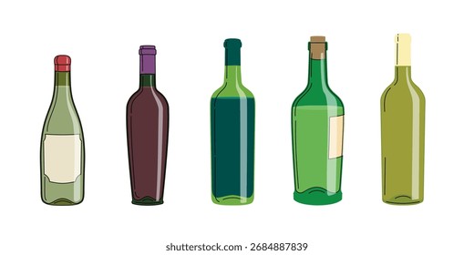 Clase de botellas de vino diferentes en estilo moderno minimalista plano. Mejor para diseños de menú de vino de restaurante. colección de Ilustraciones vectoriales.