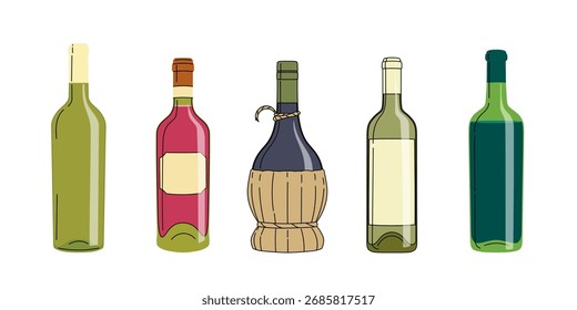 Clase de botellas de vino diferentes en estilo moderno minimalista plano. Mejor para diseños de menú de vino de restaurante. colección de Ilustraciones vectoriales.