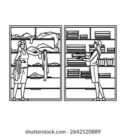 sort organize closet woman vector. store arrange, tidy space, system order sort organize closet woman character. people black line pencil drawing illustration