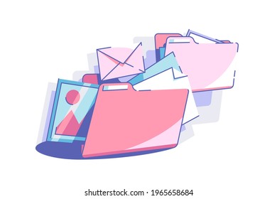 Sort Out Files To Folders Vector Illustration. Colourful Envelopes And Folders In Mess Flat Style. Space Organizing And Management Concept. Isolated On White Background