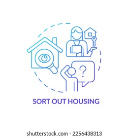 Icono de concepto de gradiente azul de la carcasa. Alquiler apartamento. Vivienda de búsqueda. Organización de alojamiento abstracto idea de la delgada línea ilustración. Dibujo de contorno aislado. Se usa una fuente Myriad Pro-Bold