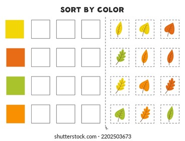 Sort pictures by color. Colorful autumn leaves. Game for kids. Cut and glue.