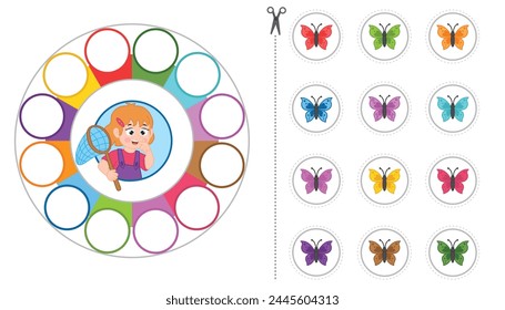 Sort the pictures by color. Game for children. Butterfly. Studying colors. Printable sheet.