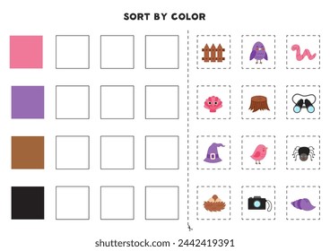 Ordenar imágenes por color. Aprender colores básicos para los niños. Juego para niños. Corte y pegue.