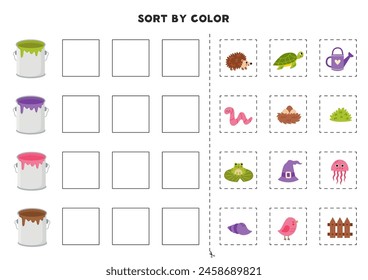 Sort pictures by color. Learning basic colors for children. Game for kids. Cut and glue.