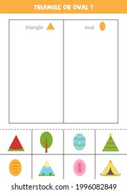 Ordenar imágenes por formas. Triángulo u oval. Juego educativo para los niños.