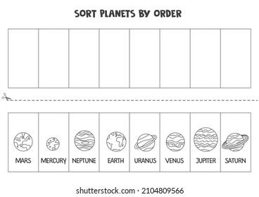 Sort planets of Solar system by order. Black and white worksheet for kids.