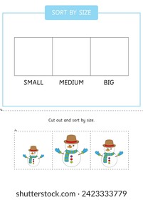 Sort the snowmen by size worksheet for preschool and kindergarten kids. Educational game. Cut and glue winter activity. Scissor skills for children	