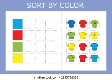 Ordenar camisetas por color. Juego lógico para niños.