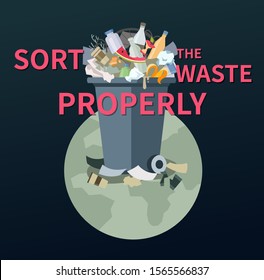 Sort the waste properly - flat design style illustration. Visual aid on eco, recycling theme. A rubbish bin full of unsorted litter. Plastic, glass, paper, metallic, organic garbage lumped together