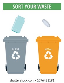 Sort your waste. Vector illustration of metal and glass rubbish bins and a jar with a lid. 