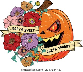 Sorta Sweet Sorta Spooky, Flower Pumpkin, Spooky Season, Halloween t shirt design.