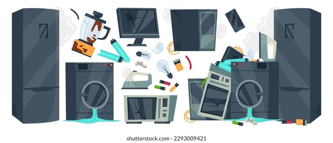 Sorted electronic waste flat icons set. Utilization of digital devises trash. Computer monitor, fridge, iron, smartphone, microwave and washing machine. Recycling of technologies. Color flat elements