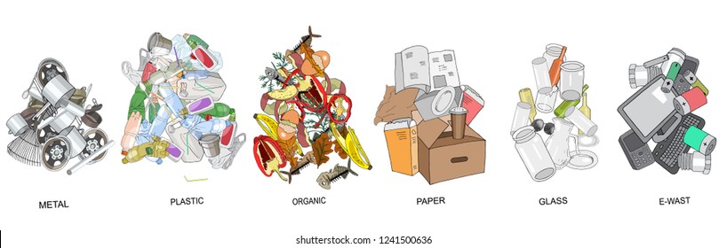 Sorted garbage set. Different types of garbage heap: Organic, Plastic, Metal, Paper, Glass, E-waste. Vector hand draw collection. Concept of Recycles Day, World Cleanup Day and ecology.