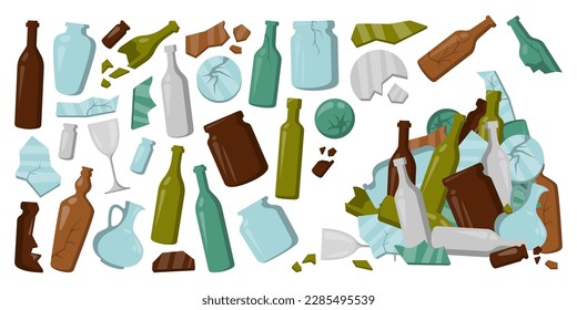 Sorted glass garbage flat icons set. Glass waste sorting and recycling. Trash utilization. Environment. Crushed vase, jar, bottle. Color isolated illustrations