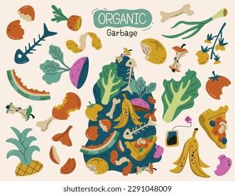 Sorted organic garbage flat icons set. Utilization of food waste. Potato peels, piece of pizza, tomatoes, eggshell and onion. Recycling of uneaten products. Color isolated illustrations