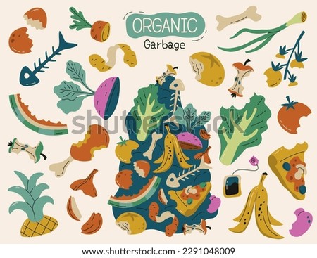 Sorted organic garbage flat icons set. Utilization of food waste. Potato peels, piece of pizza, tomatoes, eggshell and onion. Recycling of uneaten products. Color isolated illustrations