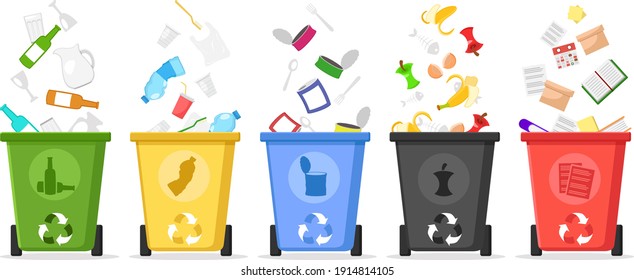 Sorted rubbish falls into trash cans on a white background. Waste recycling