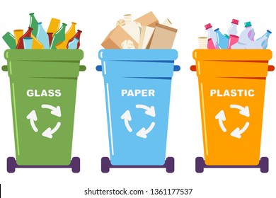 Sorted trash in garbage cans with paper, plastic and glass. Recycling vector cartoon concept illustration isolated on a white background.