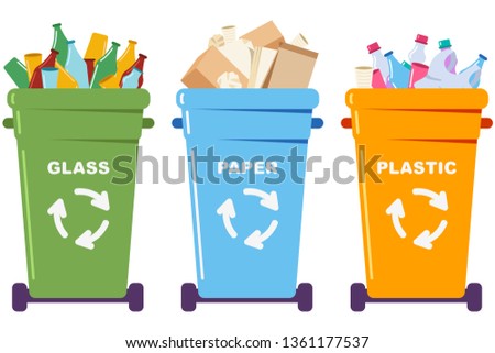 Sorted trash in garbage cans with paper, plastic and glass. Recycling vector cartoon concept illustration isolated on a white background.