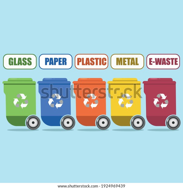 Sorted trash in garbage cans with paper,\
plastic, metal, e-waste and glass. Recycling vector cartooon\
concept illustration isolated on a blue\
background.