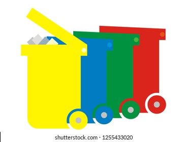 Sorted waste, set, four waste cans, vector icon. Group of four cans for waste. Containers for plastics, glass, electro and paper.