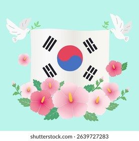 Sorth Korea Patriotic illustration with pigeon holding Korean flag and Rose of Sharon