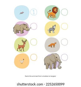 Sorting activity for children in preschool education, from largest to smallest. Vector design.