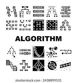 sorting algorithm data filter icons set vector. flow sort, big stroke, database editable, organize stream, structure science process sorting algorithm data filter glyph pictogram Illustrations